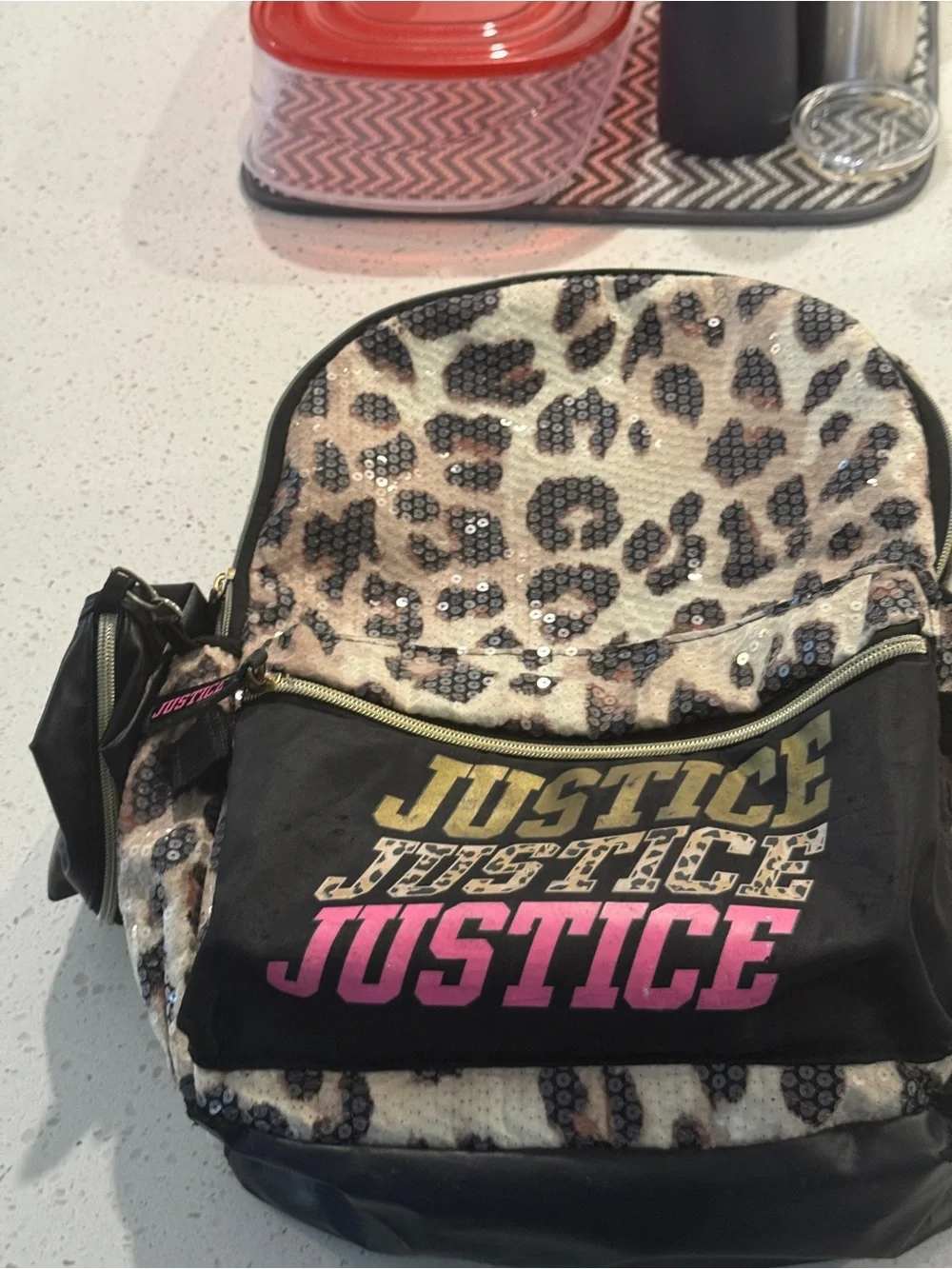 Justice Leopard Sequin Backpack with Pink & Gold Logo